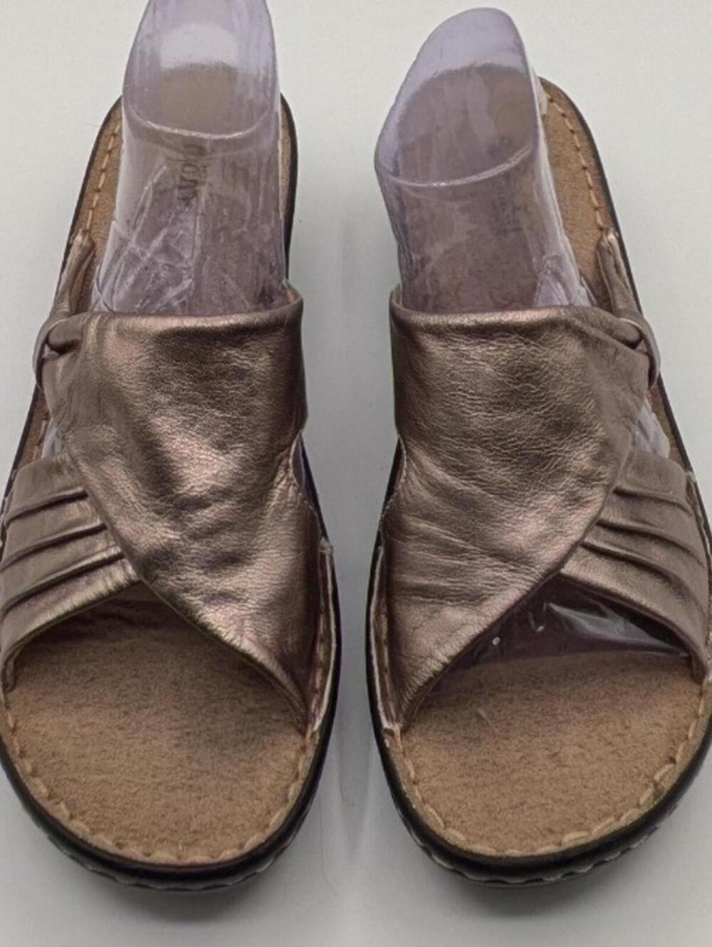 Bjorndal US 7 Metallic Bronze Leather Slide Cross Strap Wedge Heel Sandals